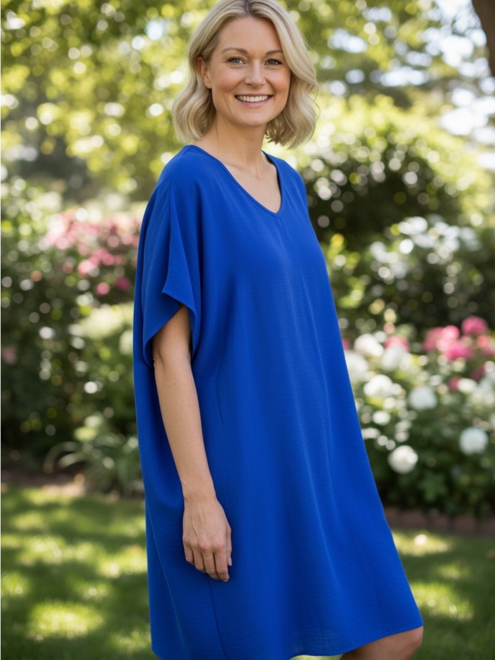 Relaxed V-Neck Mini Dress in Cobalt Blue